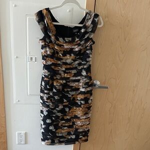 Adrianna Papell Black and Gold Patterned Midi Dress